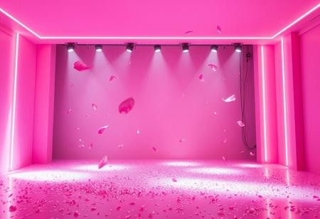 generate pink neon stage with lights and pink 
soffits with flying pink  petals and shimmer with glitter   and neon