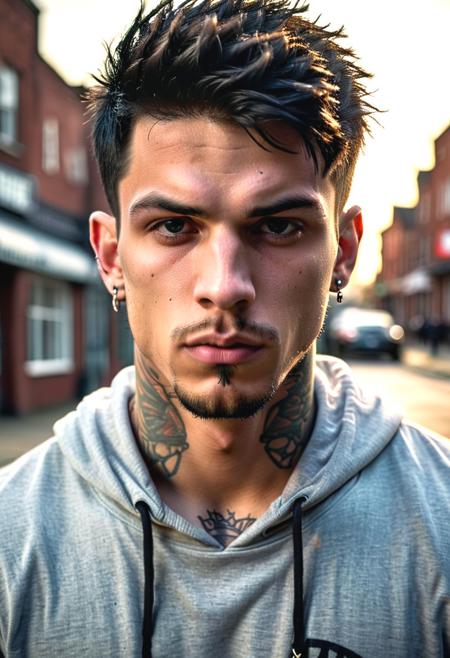 photo, of a hot sexy young men, hooligan, wearing hoodie, detailed face, handsome cute face, tattoos, piercings, jewellery, masculine, black hair, very short haircut, male focus, sharp focus, soft light, shadows, grunge, extremely detailed, best quality, HDR, 8K. perfection style, perfection, perfect. evening lights