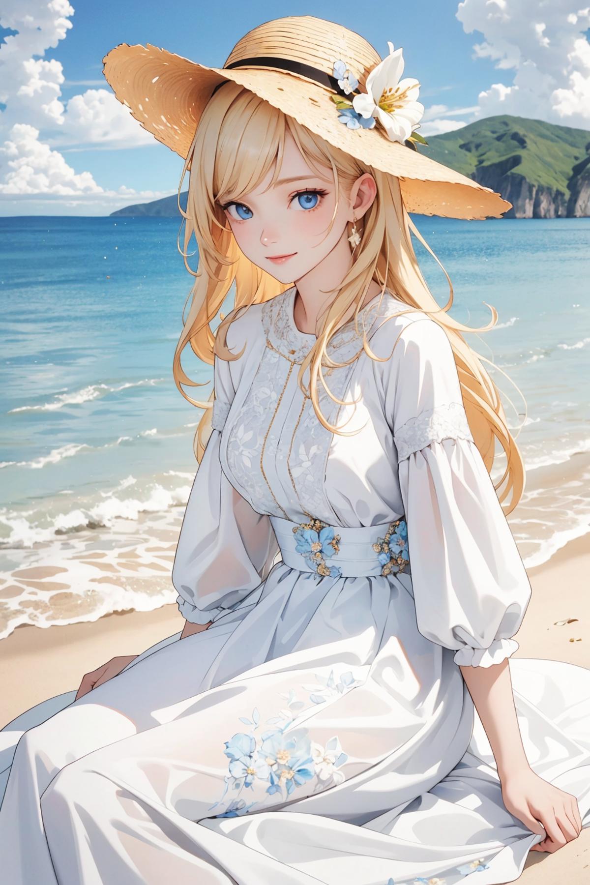 An anime girl with blonde hair and a blue hat sitting on a beach.