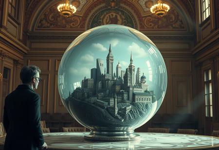 The image depicts a city trapped within a glass sphere, a delicate yet impenetrable prison that isolates it from the outside world. This sphere rests on a table in a grand hall.
A person approaches, astonished, and realizes that it’s not just a miniature city but a living one. The tiny inhabitants, aware of their observer, look up with awe and terror as they see the giant face peering down at them. To them, it’s as if an omnipotent being fills their sky, creating a blend of fascination and fear.
The hall remains eerily silent, heightening the drama of the scene. The encounter between the observer and the observed is filled with wonder and subtle horror, where both sides feel a strange mix of power and vulnerability, in a moment that is deeply unsettling and captivating.
