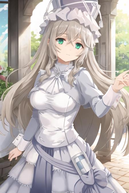  pmmmorikomagi, green eyes, blonde hair, white dress, shield on hip, white hat,