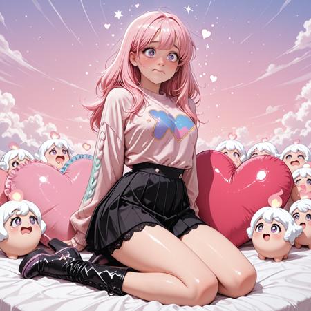 CivChan, purple eyes, pink hair, breathtaking detailed, masterpiece, awe-inspiring, radiant, magnificent, Civcan, wearing a pastel oversized sweater with star patches, long pleated skirt with lace trim, chunky boots with glitter soles, hugging a heart-shaped pillow, big sparkling eyes with teary blush, surrounded by floating sparkles, mini plushies cheering around her, soft gradient sky with dreamy clouds in the background<lora:IL_CivChan.safetensors:0.8:0.8>