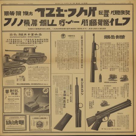 english text,A photorealistic representation of an old, yellowed newspaper laid flat on a wooden table or other vintage surface. The newspaper should feature a prominent advertisement for arms sales, including weapons like guns, tanks, and ammunition. The ad should have a vintage design, complete with retro fonts and illustrations, to match the age of the paper. The text in the advertisement should be legible but can include phrases like 'State-of-the-Art,' 'Military-Grade,' or 'Limited Time Offer.' The newspaper should also contain other articles and headlines, but the focus should be on the arms sale advertisement. The lighting should be soft and natural, casting gentle shadows that add depth to the paper's texture. The overall scene should evoke a sense of nostalgia and historical significance, <lora:oldjpnews:0.6>