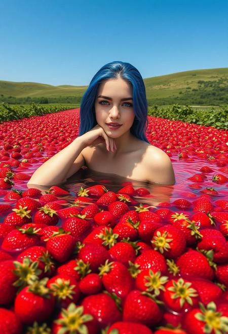 A surreal lake entirely covered with ripe, juicy strawberries, forming a vibrant red surface that glistens under the warm sunlight. In the center of this sea of strawberries, a nude attractive girl with beautiful face and beautiful big blue eyes, long  blue hair ending in, drill hair style, swimming  gracefully. Her collarbone glistens as she rests her head on her arm, her upper body submerged in the crystal-clear water, creating soft ripples among the strawberries. Her playful expression and relaxed posture reflect the joy of the moment. Around the lake, lush green hills and strawberry bushes stretch into the distance, with the sweet scent of strawberries filling the air. The sky above is a perfect blue, completing this dreamy, whimsical scene