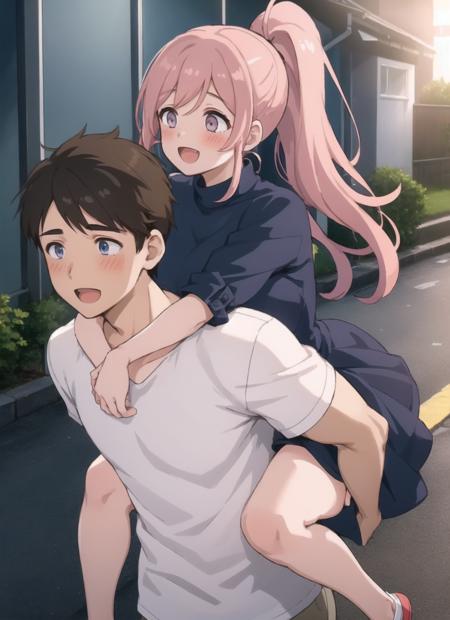 1boy, 1girl, carrying, piggyback, outdoors,  :D, prominent blush, curvy, breast press,  evening, night, alley,ponytail,  <lora:piggyback_v1:0.8>