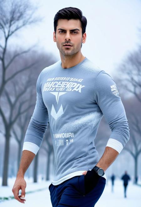Ultra-detail, (highres:1.1), best quality, (masterpiece:1.3), Ultra Realistic cinematic Photo, dynamic posture posing in snowy park, Jimmy Garoppolo a man <lora:Fawad-Khan_Jimmy-Garoppolo:0.8> , from side, walking, fitness champion, handsome Mr. World, perfectly shaped, symmetrical muscled body with six-pack abs, pecs, biceps, thin waste, V-shaped back, symmetrical face, perfect jawline, modern haircut, dark blue eyes, high detailed white skin, high detailed face, realistic pupils, realistic eyes, high detailed eyes, realistic iris, 8k UHD, soft lighting, high quality, film grain,