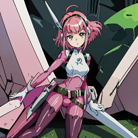 <lora:Barara_Peor:1>outdoor,masterpeace,high quality,Barara_Peor, 1girl, solo,short hair, green eyes, pink hair, boots, belt,bodysuit, thigh boots, purple boots, pink bodysuit,white shirt,white gloves,sharp eyes