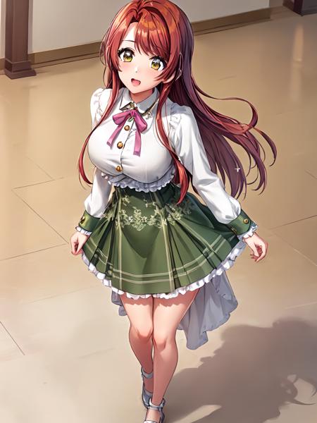 (extremely detailed CG), (best quality), 1girl, perfect face, shiny skin, lustrous skin, wide hips, narrow waist  solo 1girl,<lora:Haruna-09:0.7>haruna, long hair, bangs, red hair, green skirt, white shirt, frills, yellow eyes, ribbon, shoes,standing, full body,