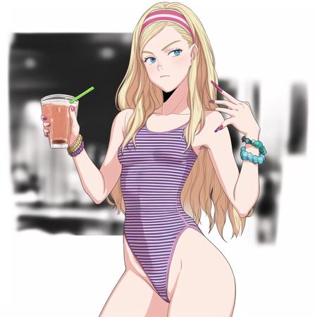 1girl, solo, swimsuit, striped one-piece swimsuit, one-piece swimsuit, long hair, blonde hair, blue eyes, striped, hairband, casual one-piece swimsuit, highleg swimsuit, looking at viewer, jewelry, drinking straw, small breasts, breasts, standing, nail polish, bracelet, white background, contrapposto, drink, watch, highleg  <lora:TekuhoUlt_v1:0.8>