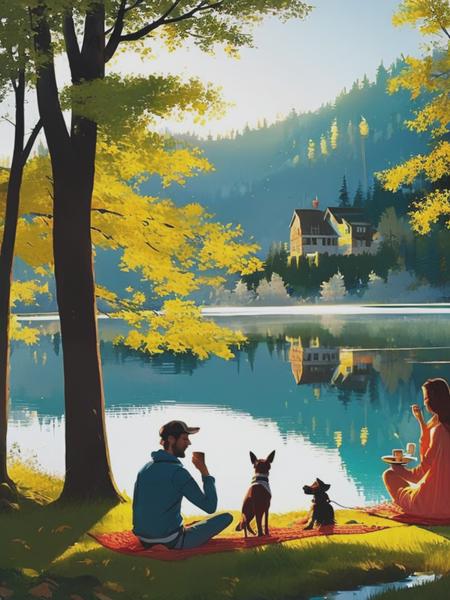 <lyco:PascalCampion:1.0> a beautiful young couple sitting on a blanket by a lake in a woods drinking tea, a modern two stories house nearby and 5 dogs running in a background Pascal Campion style