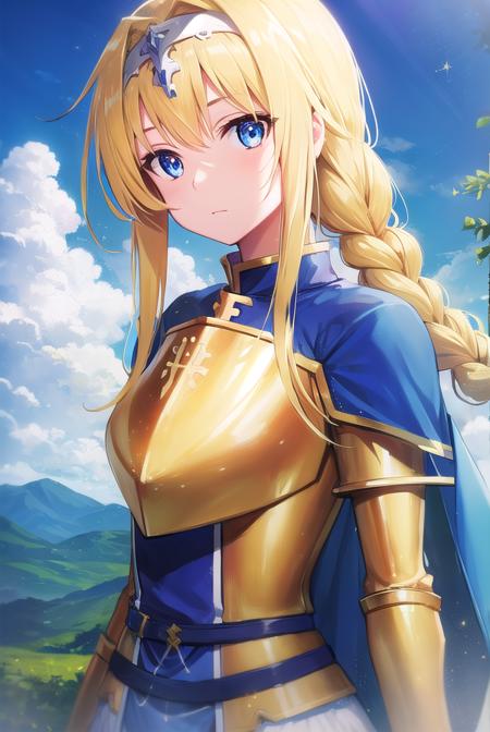 alicezuberg, <lora:alicezuberg-lora-nochekaiser:1>, 
alice zuberg, bangs, blue eyes, blonde hair, hair between eyes, very long hair, braid, hairband, white hairband,
BREAK dress, cape, armor, blue dress, shoulder armor, gauntlets, pauldrons, breastplate, armored dress, faulds, blue cape, knight, (gold armor:1.5), body armor,
BREAK outside, forest, nature, sun, sky,
BREAK looking at viewer, (cowboy shot:1.5),
BREAK <lyco:GoodHands-beta2:1>, (masterpiece:1.2), best quality, high resolution, unity 8k wallpaper, (illustration:0.8), (beautiful detailed eyes:1.6), extremely detailed face, perfect lighting, extremely detailed CG, (perfect hands, perfect anatomy),