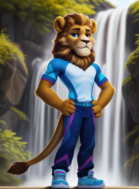  LevBorisovich, Lion, lush brown mane, beige muzzle, dark eyelids, brown eyebrows,  wide shoulders, tail,  blue eyes, white T-shirt with a blue collar, azure sweater, dark blue pants with lines, silver-gray sneakers,