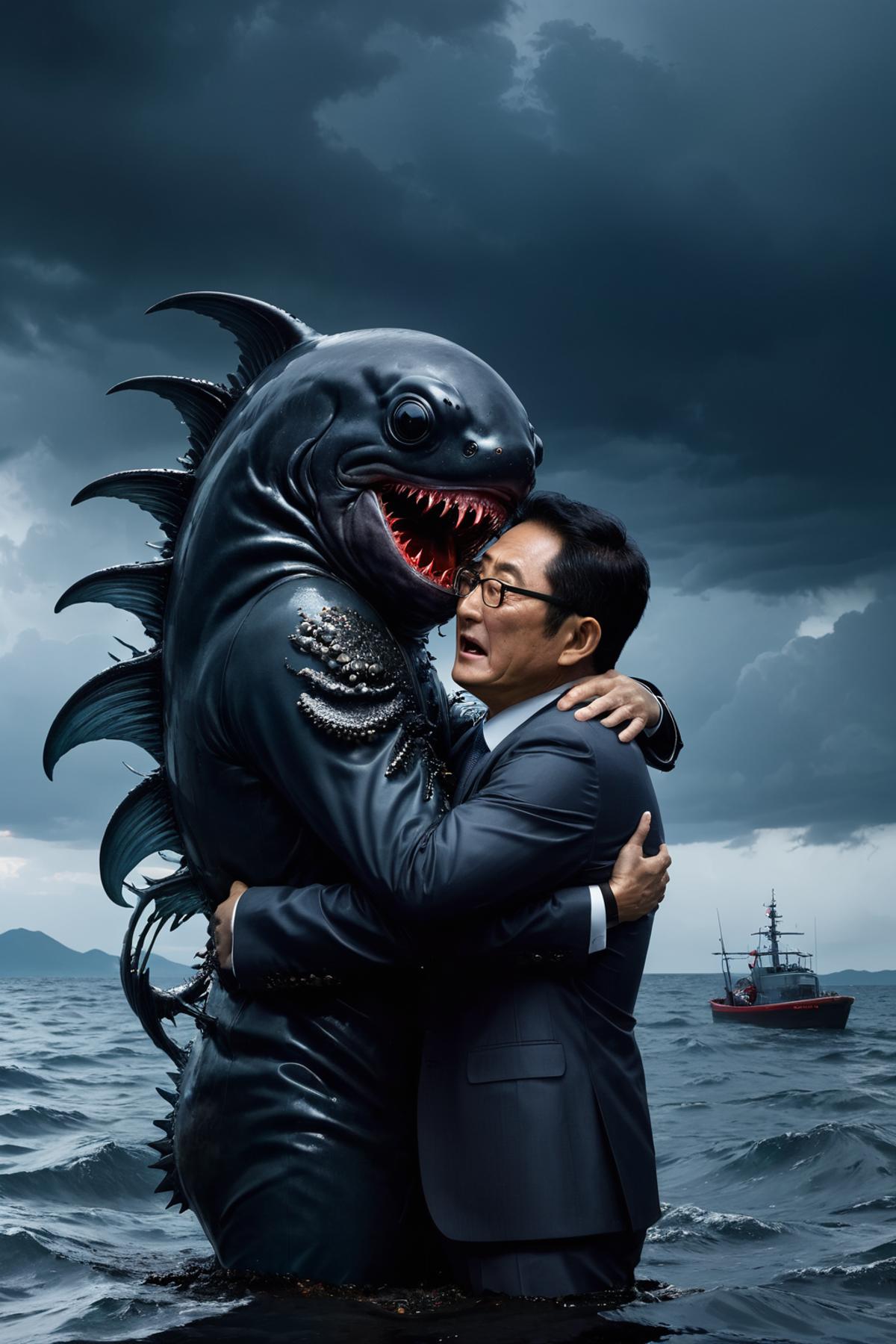 A man hugging a fish monster with sharp teeth, in front of a boat.