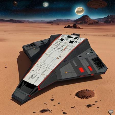 type s, scout ship, over a cratered desert, spaceship