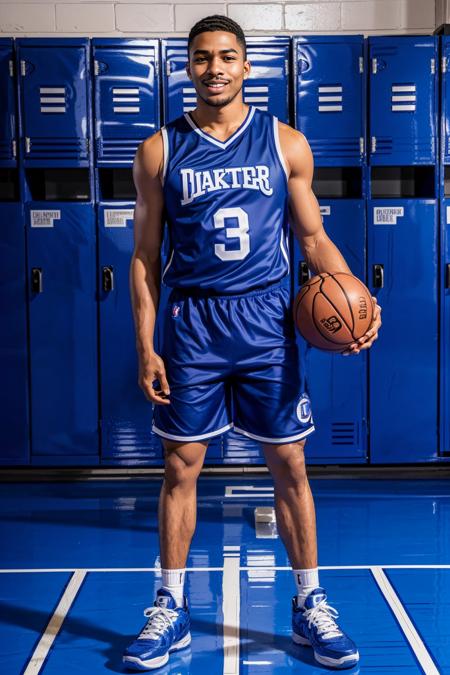 in a basketball locker room, standing in front of lockers, SeanXavier, basketballplayer, blue basketball uniform, sneakers, holding ball, smiling, masterpiece, (((full body portrait))), full body shot, wide angle  <lora:SeanXavier-000005:0.8>  <lora:Clothing - Sexy Basketball Player:0.7>