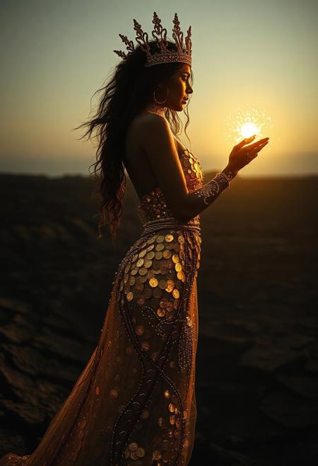 (Soft Lighting Photography by Mimoza Veliu and Mario Giacomelli:1.2), NSFW, Realistic crazy gold sorceress, gold elemental, cracked earth, crater, silhouet style, essence of gold, at Dawn, Bauhaus Art, (monochromatic art by Junji Ito, Carne Griffiths, High contrast, minimalistic), gold and white, dramatic, (silhouette weaved from splahes of gold, body of coins and gold), (clothed in gold, encased in gold),nudity, intricate details, (zentangle tattoo), scar, (((fractal art), (((abstract art))), (((psychedelic art))))), sexy