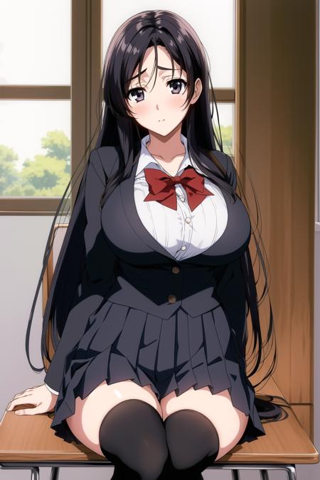 地点：(day:1.6),st the school, in the classroom,
动作：sitting at attention,sitting on the school chair,
服饰：red_bowtie, school_uniform, shirt,long_sleeves, pleated_skirt,Black_jacket,thighhighs, black_legwear,
角色：<lora:KotonohaKatsura-V2:0.7>, <lora:chracterYukino_v10:0.1>,<lora:odaNonStyleLORA_v2:0.2>, oda Non,
头发：Black_long_hair,Black_eyes,parted bangs,
角色鎖定：
1 girl,Solo, Manga,20yo,mature female,Beautiful Finger,Beautiful long legs,Beautiful body,Beautiful Nose,Beautiful character design, perfect eyes, perfect face,
眼神表情：
looking at viewer,(Closed_mouth:1.1),(light_smile:0.5),
畫質:
official art,extremely detailed CG unity 8k wallpaper, perfect lighting,Colorful, Bright_Front_face_Lighting,
(masterpiece:1.0),(best_quality:1.0), ultra high res,4K,ultra-detailed,
photography, 8K, HDR, highres, absurdres:1.2, Kodak portra 400, film grain, blurry background, bokeh:1.2, lens flare, (vibrant_color:1.2)
身材:
(Beautiful,large_Breasts:1.4), (beautiful_face:1.5),(narrow_waist),
Negative prompt: EasyNegative, bad_prompt, bad-artist-anime, bad-hands-5, lowres, bad anatomy, bad hands, text, error, missing fingers, extra digit, fewer digits, cropped, jpeg artifacts, signature, watermark, username, blurry, out of focus, censorship, Missing vagina, Blurry faces, Blank faces, bad face, Ugly, extra ear, amputee, missing hands, missing arms, missing legs, Extra fingers, 6 fingers, Extra feet, Missing nipples, ghost, futanari, Extra legs, Extra hands, panties,pants, (painting by bad-artist-anime:0.9), (painting by bad-artist:0.9), text, error, blurry, jpeg artifacts, cropped, normal quality, artist name, (worst quality, low quality:1.4),
Steps: 27, Sampler: Euler a, CFG scale: 7, Seed: 1005788374, Size: 512x768, Model hash: 3e9211917c, Model: yesmix_v16Original, Denoising strength: 0.5, Hires upscale: 2, Hires steps: 18, Hires upscaler: Latent