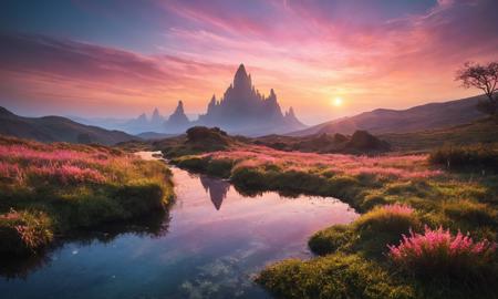 Award winning photograph of  an alien planet where the boundaries between reality and imagination blur effortlessly. Each step unveils a symphony of colors and textures dancing in harmony. A vast, ethereal valley. As you gaze across the expanse, you're greeted by rolling hills adorned with lush alien foliage, each blade of grass shimmering with dewdrops like scattered jewels.  In the distance, towering spires of crystalline structures rise from the earth, their surfaces reflecting the golden hues of an eternal sunset. Liquid light cascades down their facades, pooling into crystalline lakes that mirror the star-strewn heavens above. As you traverse this otherworldly landscape, you find yourself drawn deeper into its embrace, each step revealing new wonders and delights. Glowing flora illuminate your path, casting a kaleidoscope of colors upon the ground. Above, wisps of iridescent clouds drift lazily across a cerulean sky, morphing and shifting like dancers in an endless ballet. The pink sun, a radiant orb of warmth and light, bathes the land in its golden embrace, casting long shadows that dance across the landscape like playful spirits. Here, amidst the beauty of the dream landscape, you find solace and serenity, a sanctuary for the soul to wander and explore to its heart's content. Vibrant color, realistic lighting, detailed shadows, planet visible in sky <lora:RMSDXL_Creative:2> <lora:RMSDXL_Enhance:2>