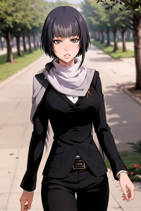 best quality, masterpiece, detailed, 1girl, solo, (outdoors:1.2), (park:1.2), looking at viewer, suit, formal, belt, scarf, pants, medium breasts | big breasts, short hair, black hair, grey eyes, parted lips, expressionless, <lora:aura-000004:0.9>