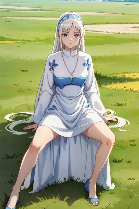 white background:2, <lora:BeastTamer_Mina_by_minion-10:0.7>, mina, blue dress, white dress, maxi dress, cross necklace, full body, sitting, spread legs, blue sky, grassy field, looking at viewer, 1girl, solo, high contrast, sharp focus, masterpiece, best quality, highly detailed, HDR, highest quality, highres, sharp focus, 8k, 16k, skin pores, dynamic lights, realistic shadows, best shading, award winning masterpiece