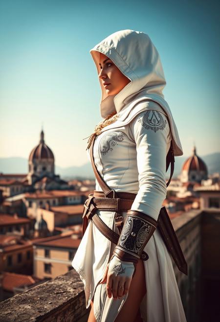 A slender woman dressed in a detailed white Assassin’s Creed-style outfit, featuring a hood, a fitted tunic with intricate embroidery, leather belts, and hidden blades. The outfit blends sleek armor with elegant design elements, accentuating her agility and grace. She stands on a rooftop overlooking Florence, Italy, with its iconic Renaissance architecture, including terracotta rooftops and the majestic Florence Cathedral dome visible in the background. The sky is a perfect, clear blue, with soft sunlight illuminating the scene. The woman exudes a sense of stealth and determination, poised as if ready to leap or observe her surroundings with keen precision.