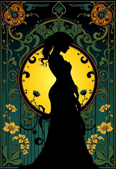 Rich deep teal silhouetted figure, backlit. Art Nouveau style, intricate patterns, flowing lines, botanical motifs, harmonious composition. Poster art, elegant typography, late 19th-century design. Luxurious, vibrant color palette. Masterpiece quality.