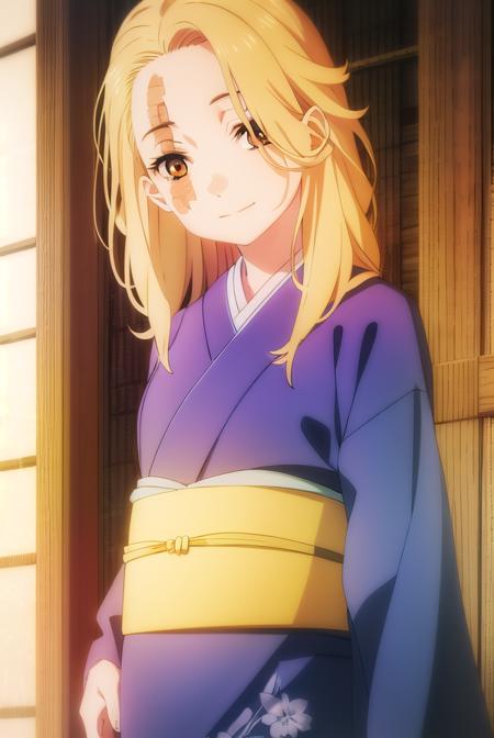 yui, long hair, blonde hair, (brown eyes:1.5), scar, scar on face, long sleeves, japanese clothes, kimono, sash, obi, grey kimono,