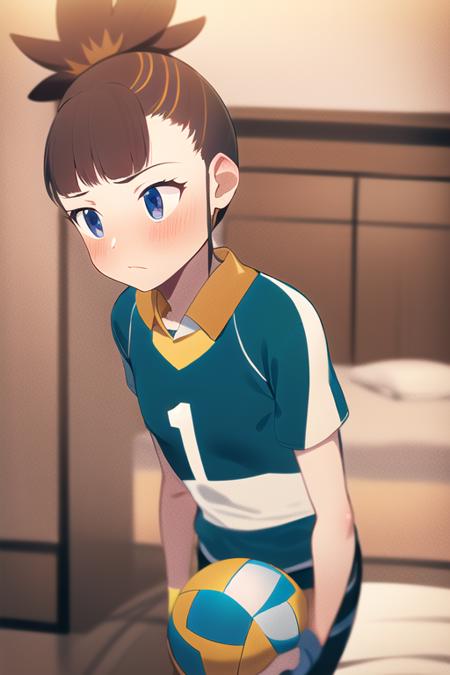 masterpiece, best quality, 1girl, makino ruki, shy, blush, beautiful detailed eyes,  volleyball uniform, royal bedroom, dark, <lora:Squeezer2:1>, <lora:makino ruki-000012:1>