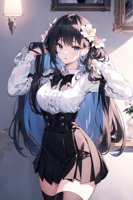 masterpiece, best quality,PIXIV,
1girl, solo, skirt, thighhighs, long hair, black thighhighs, shirt, hair ornament, bangs, black skirt, picture frame, white shirt, looking at viewer, frills, hair flower, flower, braid, black flower, blue eyes, bow, long sleeves, center frills, frilled shirt, black bow, high-waist skirt, ribbon, zettai ryouiki, black rose, pleated skirt, parted lips, bowtie, hair ribbon, very long hair, cowboy shot, rose, standing, indoors, hands up, breasts, dutch angle, white hair, black bowtie, black ribbon, bridal gauntlets, blunt bangs, hand in own hair
 <lora:nardack_20230801103151:1>