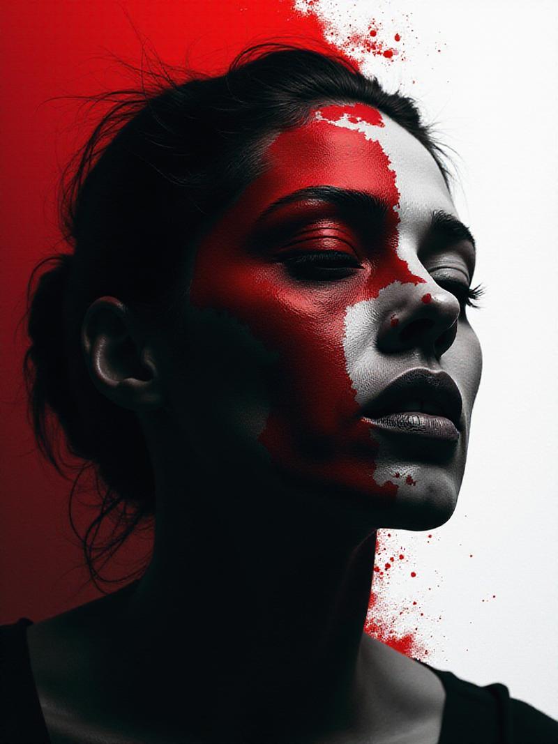 A striking image of a woman with black and red paint on her face, capturing an intense, expressive digital art style. The image features a gradient background transitioning from white to deep red, with torn and jagged edges that add a raw, distressed look. The overall composition should have a high contrast, with sharp details and dramatic lighting. The artwork is inspired by dark, emotional themes, giving it a haunting yet captivating appearance, as if created using Affinity Photo