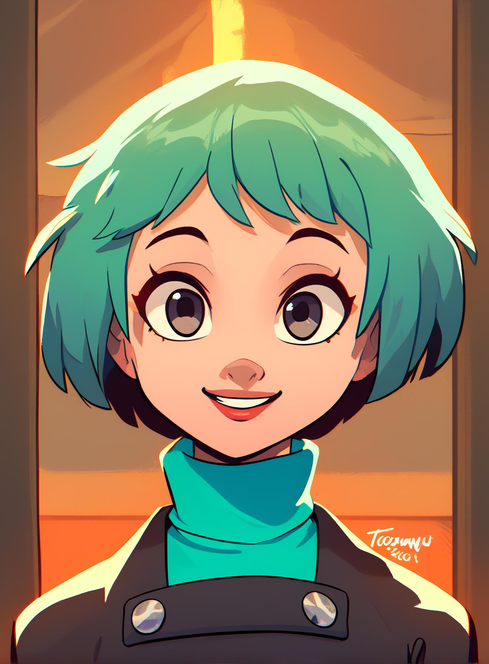 score_9, score_8_up, score_7_up,    1girl, tom bancroft style, digital shaded cartoon art, stylized,  cute, pretty, looking at viewer, fuukadef, aqua hair, short hair, grey eyes, green turtleneck, skirt, upper body, black gekkoukan high school uniform, school interior, american cartoon style