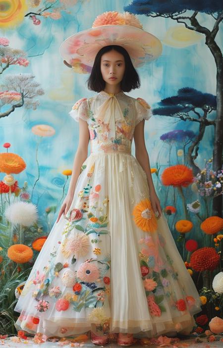 masterpiece,best quality,<lora:tbh319-sdxl:0.9>,illustration,style of Tsumori Chisato, Ethereal Dior haute couture dress, delicate embroidery, sheer fabrics, dreamy garden backdrop