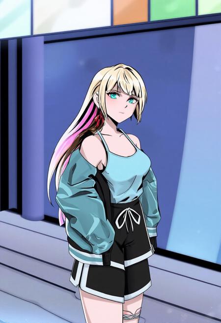 Mizuki, Blonde Hair with Pink highlight, Aqua eyes, Red Earring, Aqua Jacket, Black short, Aqua tank top, platform sandals, full body, standing, solo