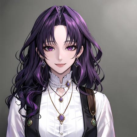 1girl,jewelry,close-up, solo, long hair, earrings, purple eyes, purple hair, looking at viewer, necklace, long sleeves, wavy hair, parted bangs, shirt, smile, white shirt,(shiny skin),(mature female:1.2),carofano,<lora:carofano-v1-naivae-5ep-resize:0.7>