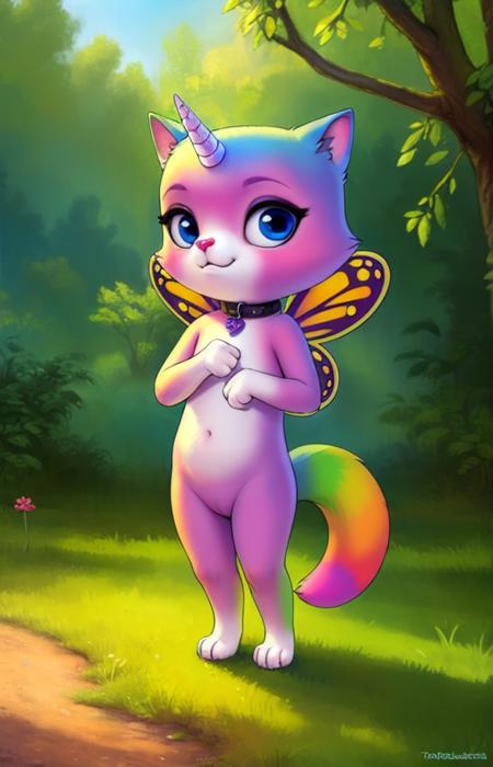 FelicityCatRainButUniYif, cat, horn on the head, rainbow tail, butterfly wings, collar, blue eyes,