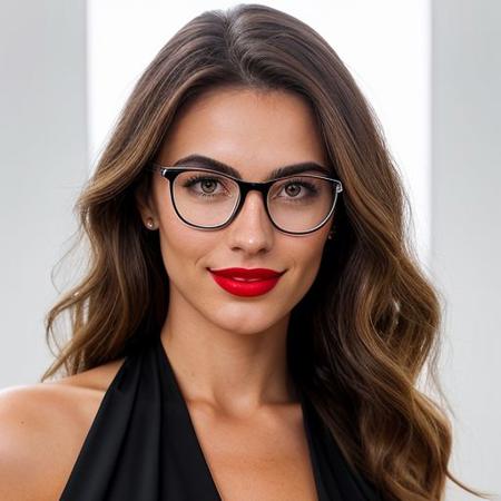 20 year old, European, petite, 100 lbs, woman, b cup breasts, classy, sexy, luxury, natural lighting, natural makeup, curled hair, dirty blond, clean background, love in her eyes, full body, light freckles, full body, slight smile, nerdy, glasses, zoomed out, black halter neck dress, red lipstick