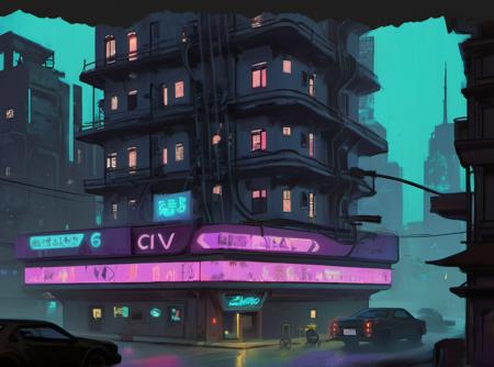 A cyberpunk cityscape, retrofuturistic buildings with neon signs, at night, (Civ6BG painting style) <lora:Civ6BG-000009:1>