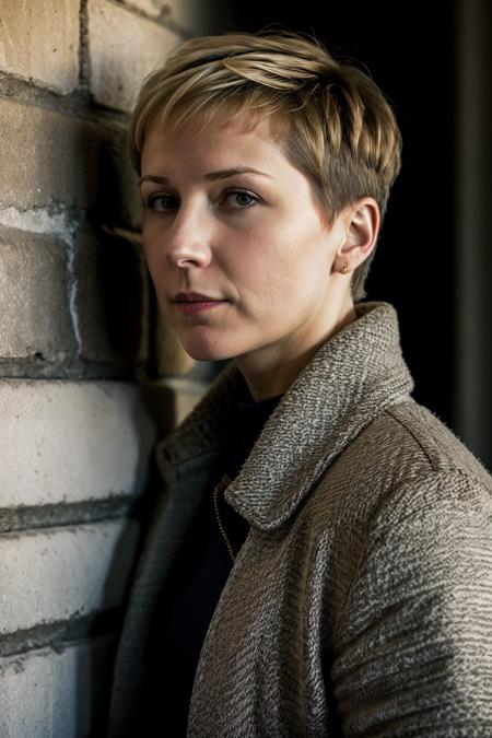 marinagrankova, woman, side profile, leaning against a wall, short hair, jacket,
 <lora:MarinaGrankovaSD:0.8>