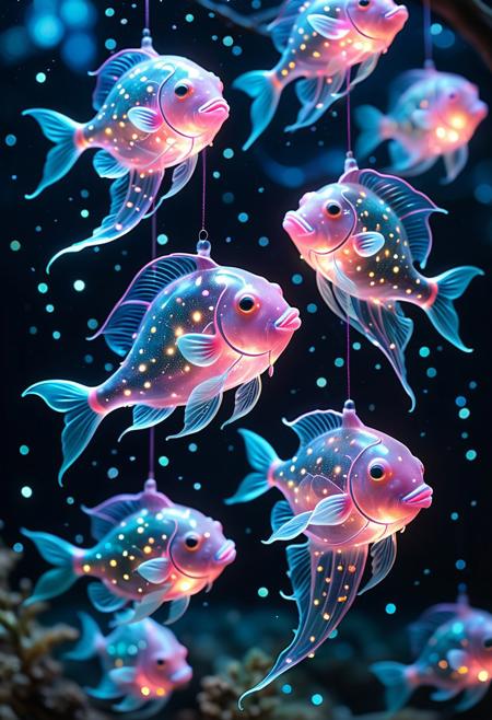 translucent bubblefish with gelatinous lantern bodies, glowing neon-pink and cyan gradients, iridescent tendrils trailing stardust particles, drifting through midnight sky peppered with constellations, silk-paper lantern strings connecting fish schools, crescent moon backlighting, aurora borealis reflections on gelatinous skin, hyper-detailed scales mimicking stained glass, soft bokeh star clusters, weightless fluid motion, dreamlike pastel mist, Studio Ghibli-inspired whimsy, harmonious celestial procession