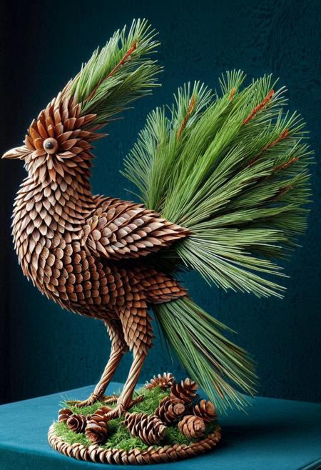 best quality, masterpiece, high resolution, intricate details, very detailed, 
(magical bird sculpture:1.1), 
made of pines cones and needles,
ethereon, eh1, empty inside, can see through, 
exhibition velvet stand background