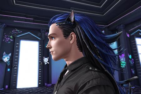 Tobias X'voor, 1boy, male focus, a wide shot indoors studio portrit of Tobias X'voor he has blue hair and has cat ears, mature male, animated, the setting is science fiction, profile, from the side, Canon EOS MARK IV, rim lighting, side lighting, <lora:TobiasXvoorXL:1> SimplePositiveXLv2