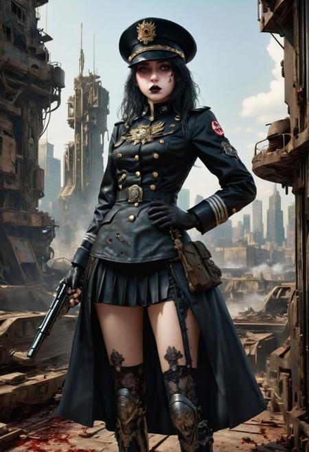 <lora:md2034:0.5> triggering, blood splatter, dystopian
poster_\(medium\),  Intense looking but cute, adorable, and attractive gothgirl with black lipstick and pale makeup, wearing an old looking black militaristic uniform and matching military hat, holding a vintage 19th century pistol, stands directly in front of large battle-mechs, with an expansive cityscape in the far distant background, her skirt lifts as she kicks open a door ((above her is an 'it's a glorious future' type emblem)),  (simple_background:1.3), symmetry,(no_humans:1.3),, (masterpiece:1.3), (best_quality:1.3), (ultra_detailed:1.3), 8k, extremely_clear, realism, (ultrarealistic:1.3),, insane details, intricate details, hyperdetailed, ultra detailed, extreme detailed, highest detailed, high_detail, epic, attention getting, hdr, photorealistic, highres, ultra_high_res, photography, aesthetic, extremely_delicate, ng_deepnegative_v1_75t, Ellis-RealismBoost, epiCRealism