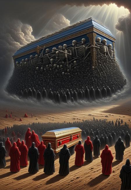 Boris Vallejo style, borisvallejo, realistic, retro artstyle, very detailed, ultra realistic, (best quality, (extremely detailed giant skeletons:1.3)) full body, very detailed masterpiece, epic funeral scene, black hooded robes with red trim, majestic long red robe tails, beautifully ornate gold and red filigree, huge skeletons reaching up and carrying giant coffin, god-emperor carried in a giant ornate coffin by red-robed space cultists, huge queue of cultists up to the horizon, gothic coffin, lightning storm, blue sky, vivid weather effects, (realistic, realism, photo realistic oil painting, photo realistic painting)