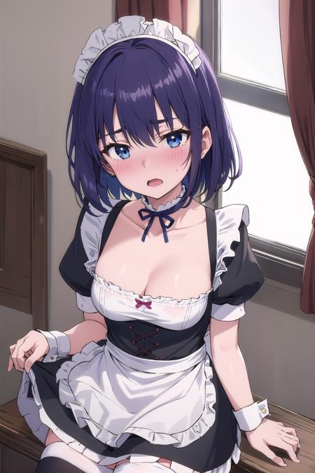 <lora:hoshizuki_kaede:1> hoshizuki kaede, 1girl, purple hair, solo, breasts, looking at viewer, blush, short hair, open mouth, blue eyes, thighhighs, dress, cleavage, medium breasts, short sleeves, frills, choker, puffy sleeves, black thighhighs, apron, puffy short sleeves, zettai ryouiki, wrist cuffs, maid, maid headdress, white apron, maid apron