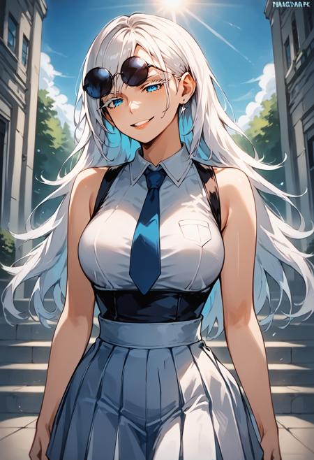 gojofem blue eyes, colored eyelashes, eyewear on head, white hair, hair between eyes, long hair black jacket, high collar