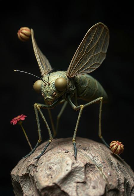 The Gnat that sings his Summer's song, visionary aesthetics, reality and fantasy, exaggerated proportions, haunting beauty, macabre charm, hyper-realistic sculptures, whimsically dark storytelling, oversized characters, distorted features, intricate details, visual narrative, dreams and nightmares, touch of absurdity, melancholy, eerie allure, twists on the familiar, mesmerizing visuals, uncanny realism, surreal compositions, whimsical darkness, haunting atmosphere, dark whimsy.