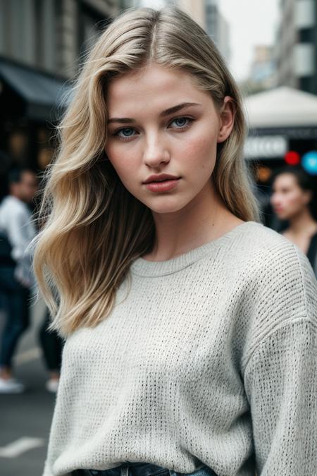 photo of (s4r4hgrey-135:0.99), a beautiful woman, perfect hair, (modern photo, Linen Sweater, Jeans), closeup portrait, 85mm, (analog, cinematic, film grain:1.3), (A bustling, vibrant Sydney street during a surf competition:1.2), detailed eyes, (seductive pose), (epicPhoto), (looking at viewer), jewelry, (cinematic shot:1.3)