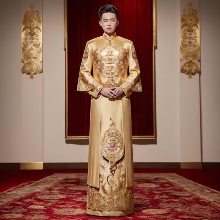 (8k, RAW photo, best quality, masterpiece:1.2), (realistic, photo-realistic:1.4), ultra-detailed, (young male internet celebrity),masculine style,perfect detail ,  make up,(full body:1.5),chinese style architecture,a man, a gold dress with a gold jacket on a mannequin,<lora:nzshs-10:0.8>