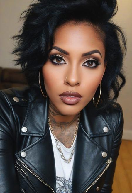 black milf, unkempt hair, large expressive eyes,bold eyeliner, Tattoos, piercings, rebellious look, , leather jacket,