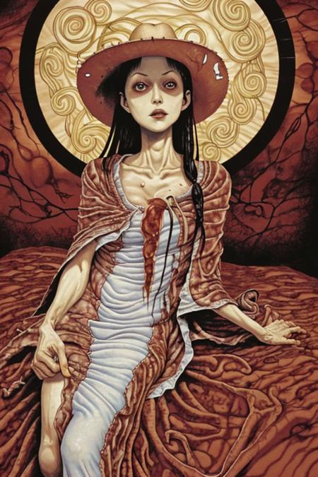 1girl (by Junji Ito), old, elderly, spirals, bed, vampire grandmas bloody meat blanket, cowboy hat,